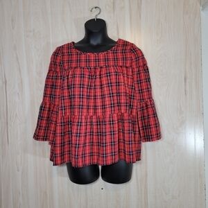 Lovely Souls Red Plaid Ruffled Top Sz Lg